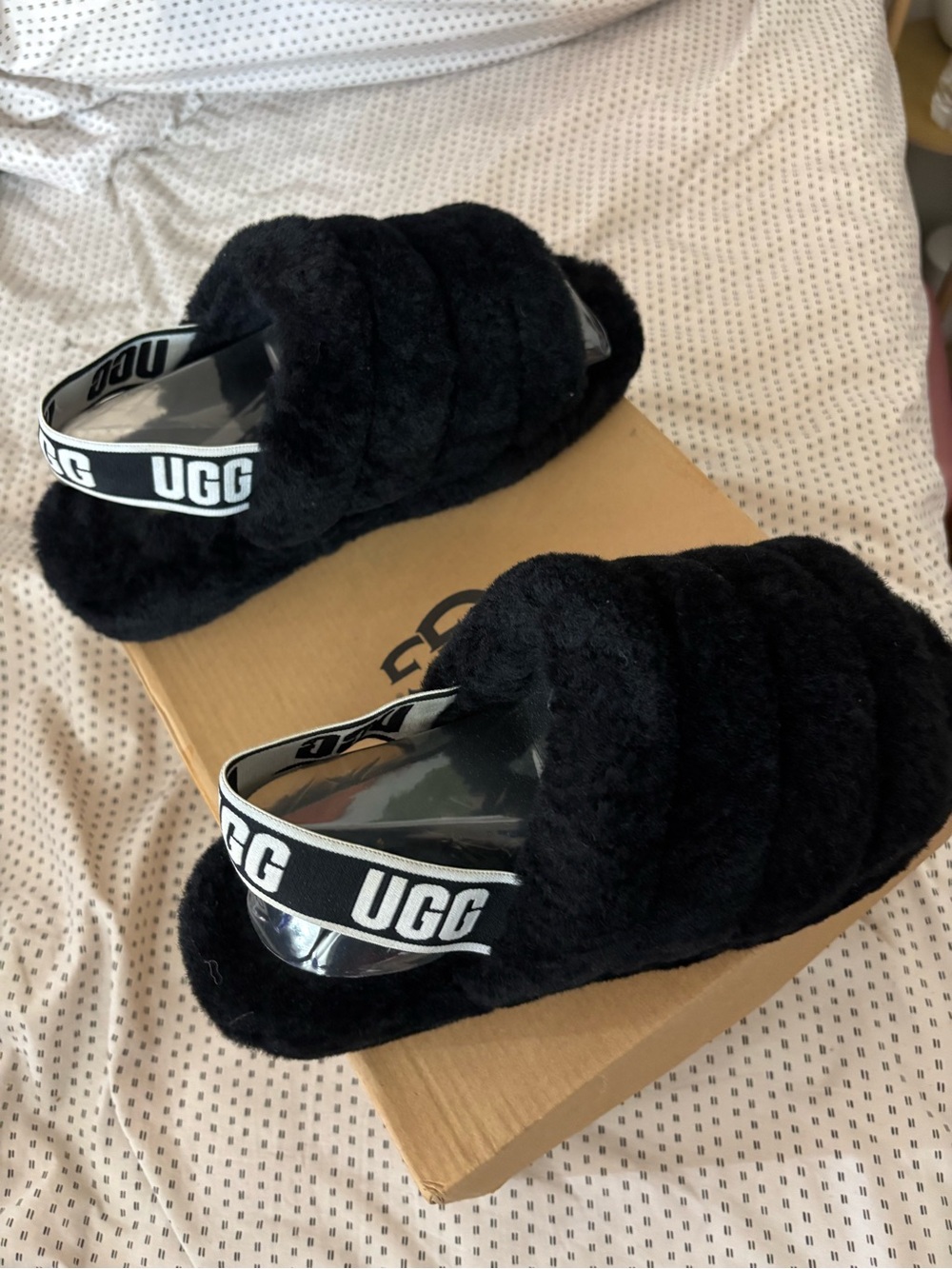 UGG Black Fluff Slide with Branded Elastic Heel
